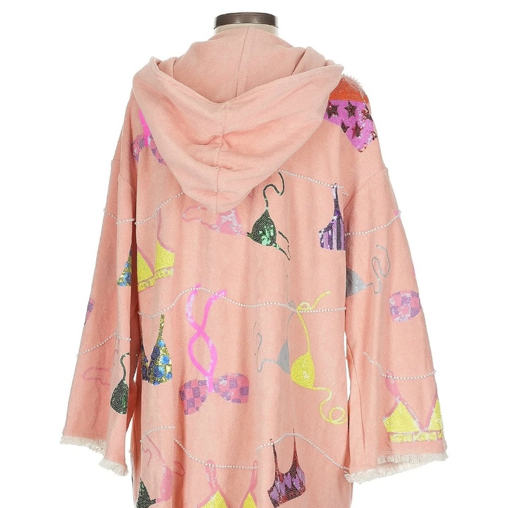 !!SOLD!! NWT QUEEN OF SPARKLES Peach Hood Swimsuit Coverup Poncho Terry - Picture 2 of 5
